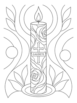 A third sunday of advent coloring page featuring an ornate Gaudete rose candle with cross and petals.