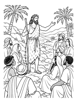 A third sunday of advent coloring page of John the Baptist preaching to a crowd under desert palm trees.