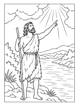 A third sunday of advent coloring page depicting John the Baptist pointing toward shining light by a river.