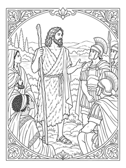 A detailed third sunday of advent coloring page featuring John the Baptist speaking to Roman soldiers.