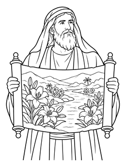 Prophet holding a scroll of blooming desert lilies in this third sunday of advent coloring page.