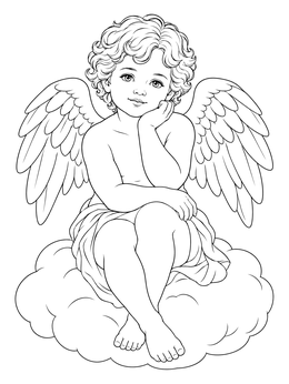 A detailed cherub coloring page featuring an angel resting thoughtfully upon a cloud.