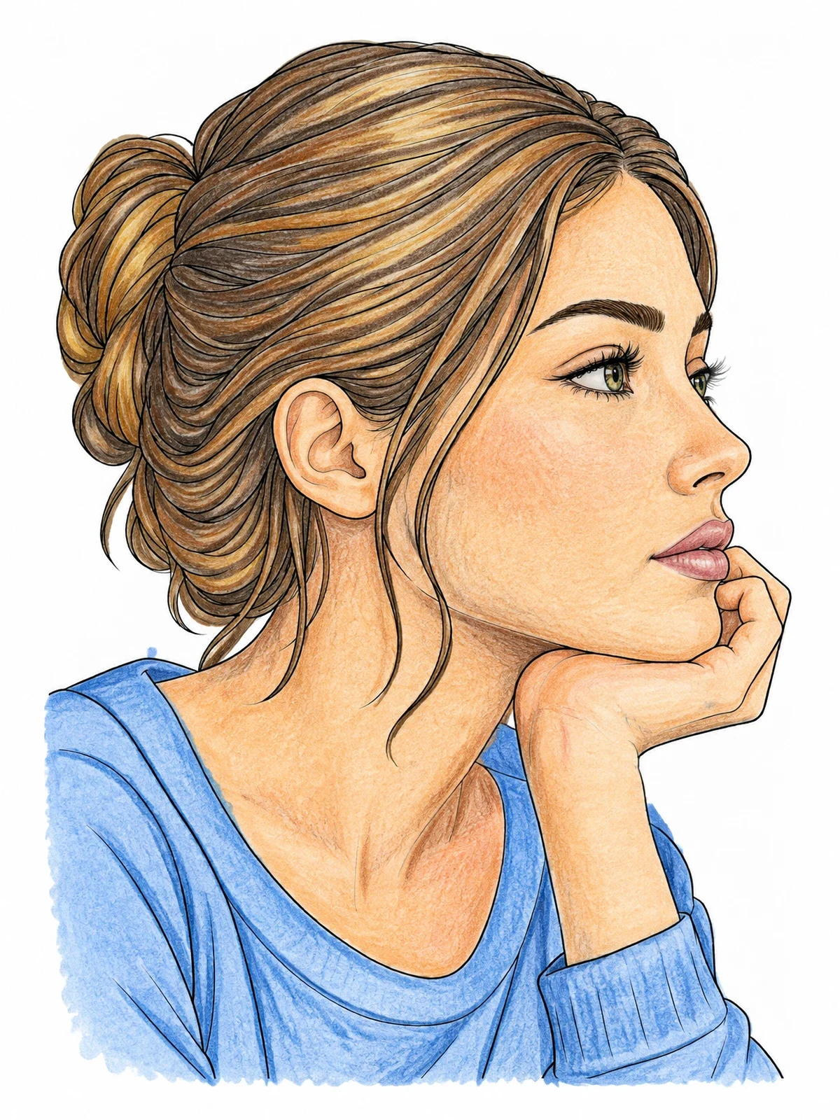 Colored example of the Thoughtful Girl Resting Her Chin coloring page
