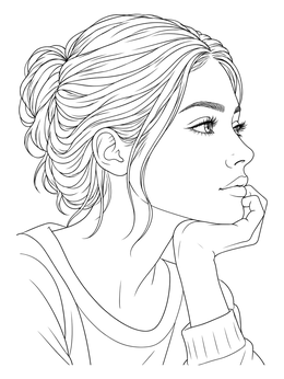 Free printable Thoughtful Girl Resting Her Chin coloring page