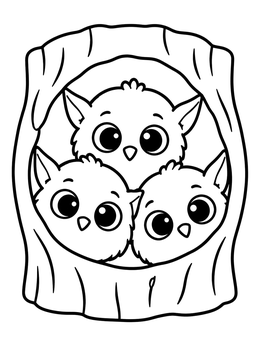 Free printable Three Baby Elf Owls In Tree Trunk coloring page