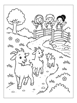 A friendly three billy goats gruff coloring page showing three goats and waving children near a bridge.