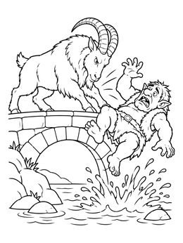 A big billy goat knocks the troll off a stone bridge in this three billy goats gruff coloring page.