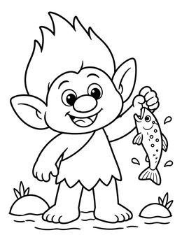 A cheerful three billy goats gruff coloring page of a smiling little troll holding a fish.