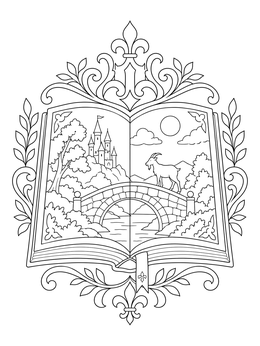 An open storybook three billy goats gruff coloring page featuring a bridge, castle, and goat.
