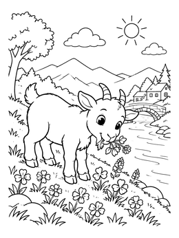 A cute little billy goat munching clover in this three billy goats gruff coloring page.