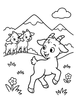 A playful three billy goats gruff coloring page showing a happy goat leaping in a meadow.