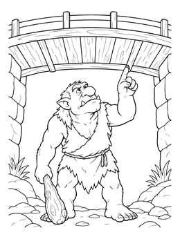 A grumpy troll points up in this three billy goats gruff coloring page.