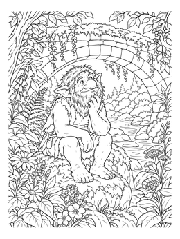A friendly troll sits by a stream in this detailed three billy goats gruff coloring page.