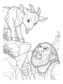 A young goat watches an angry bridge troll in this three billy goats gruff coloring page.