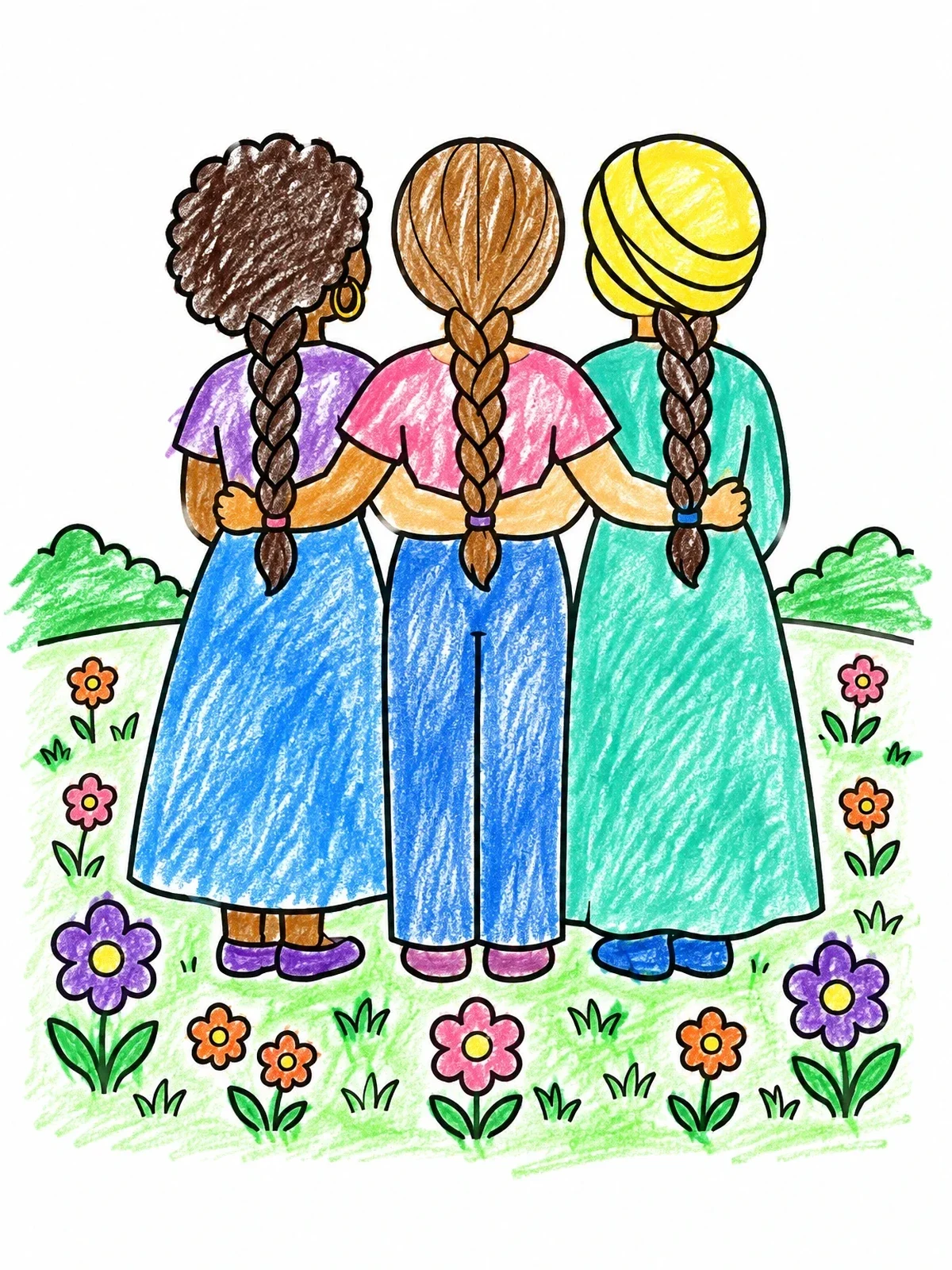 Colored example of the Three Braided Sisters In Flower Field coloring page