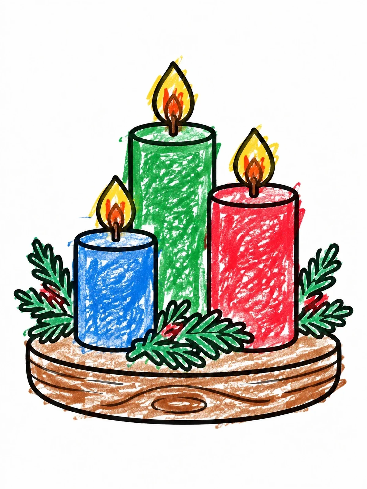 Colored example of the Three Christmas Candles On Wooden Base coloring page
