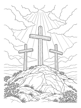 Three wooden crosses atop a rocky hill with radiant sunbeams in this lent coloring page.