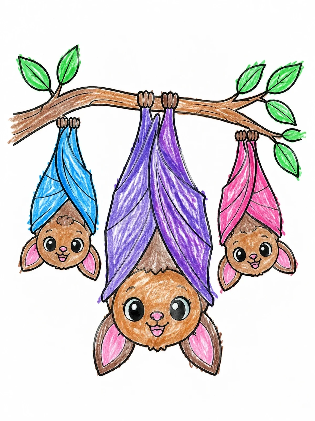 Colored example of the Three Cute Baby Bats Hanging Upside Down coloring page