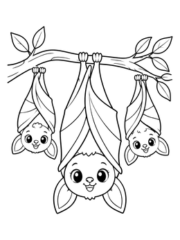 A sweet bat coloring page featuring three cheerful baby bats hanging from a leafy tree branch.