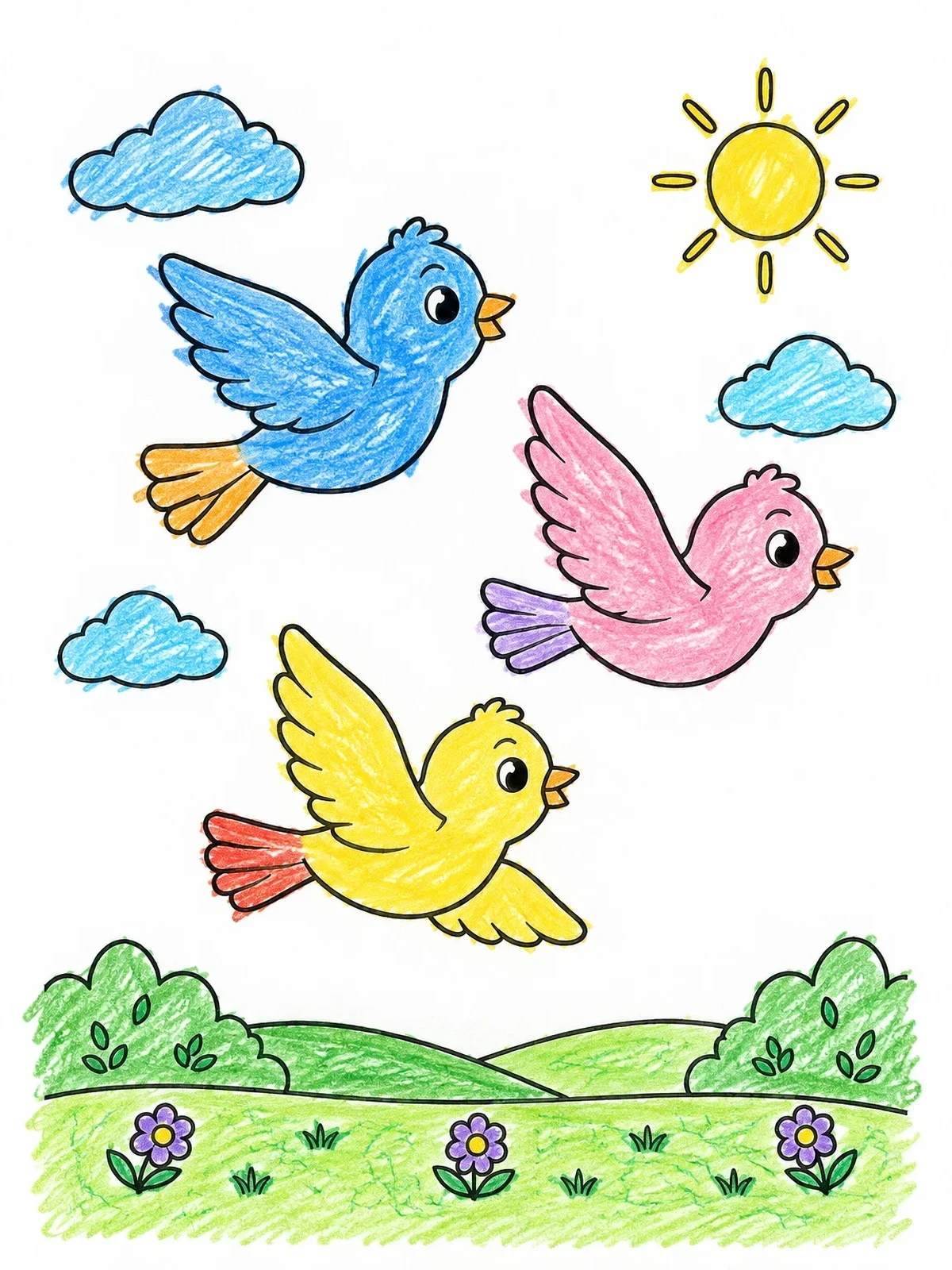 Colored example of the Three Cute Birds Flying In The Morning coloring page
