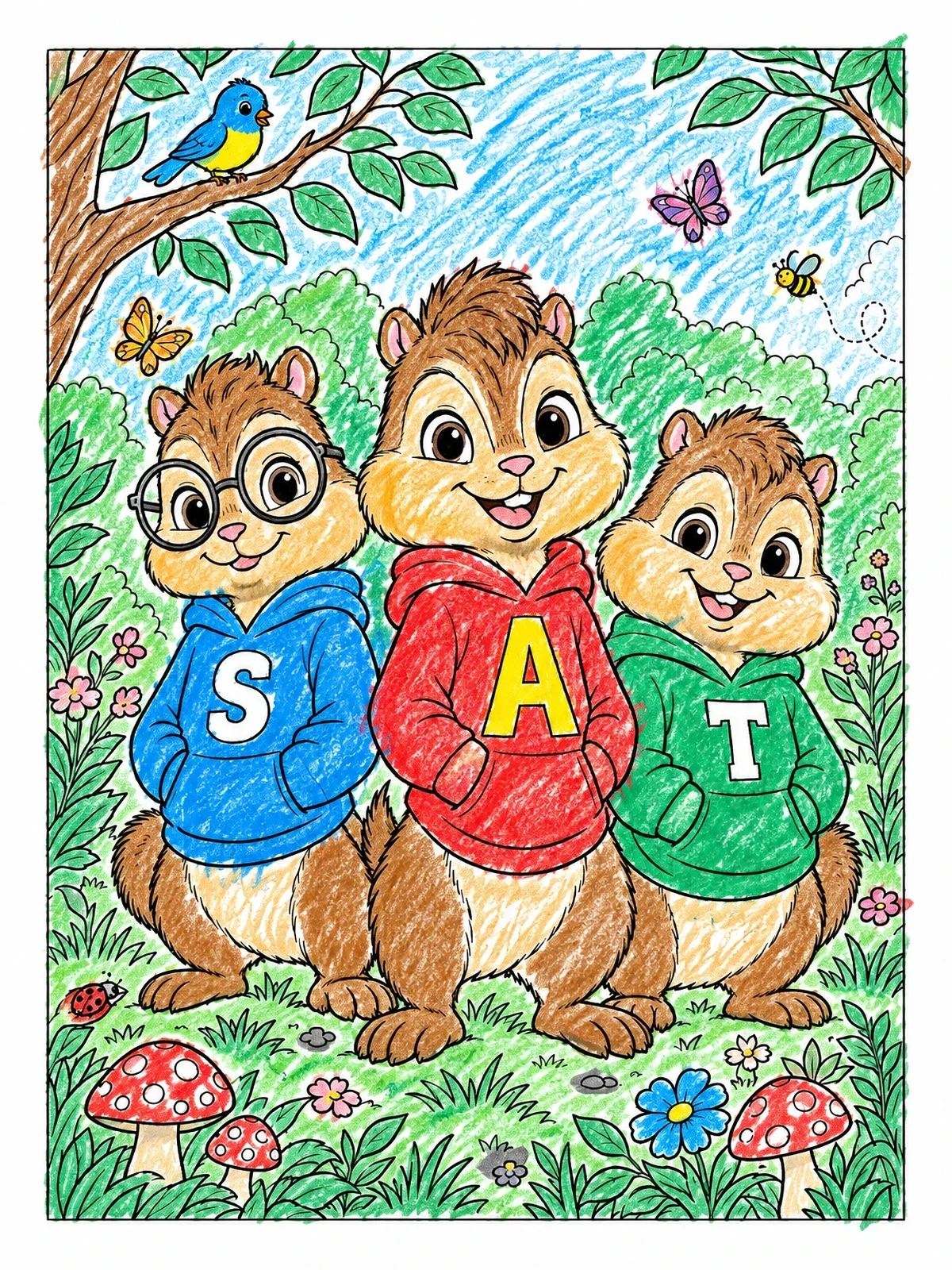 Colored example of the Three Cute Chipmunk Friends In Hoodies coloring page