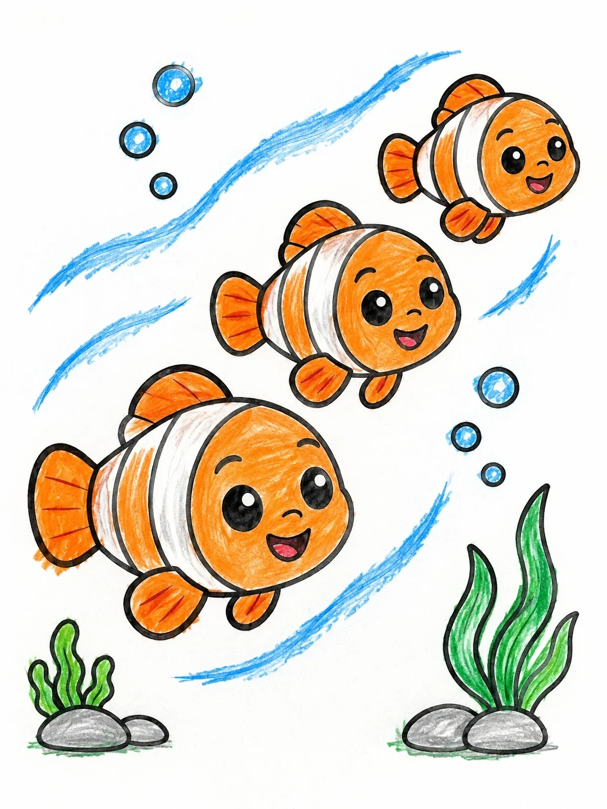 Colored example of the Three Cute Clownfish Swimming Together coloring page