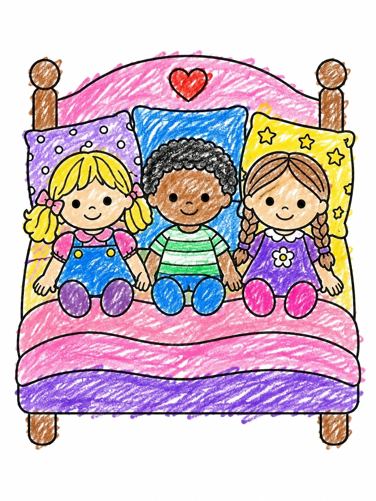 Colored example of the Three Cute Dolls On Bed coloring page
