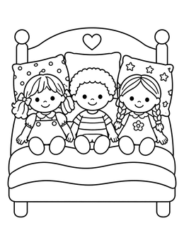 Free printable Three Cute Dolls On Bed coloring page