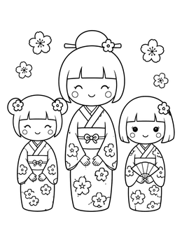 Free printable Three Cute Kokeshi Dolls With Flowers coloring page