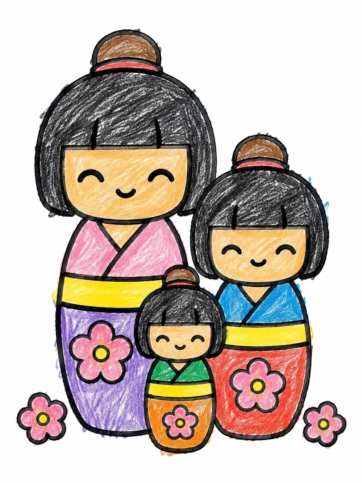 Colored example of the Three Cute Kokeshi Dolls Trio coloring page