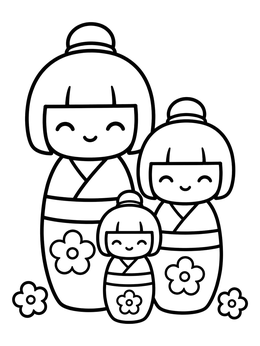 Free printable Three Cute Kokeshi Dolls Trio coloring page