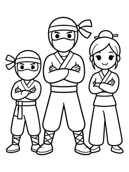 Free printable Three Cute Ninjas Standing Together coloring page