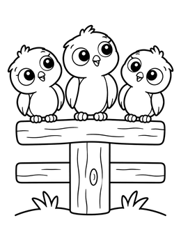 Three little birds perch together in this owl coloring page.