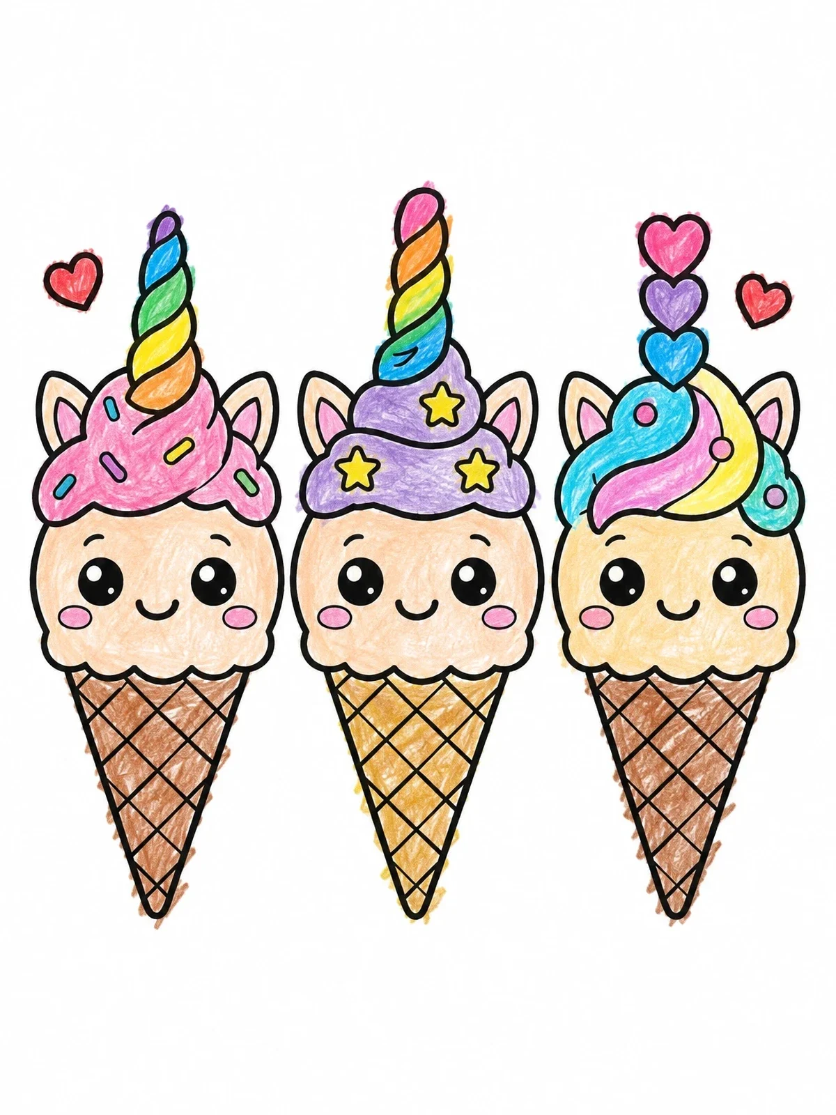 Colored example of the Three Cute Unicorn Ice Cream Cones coloring page