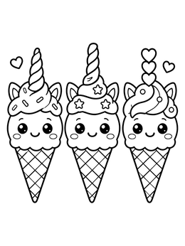 A sweet unicorn ice cream coloring page featuring three smiling cones decorated with horns and ears.