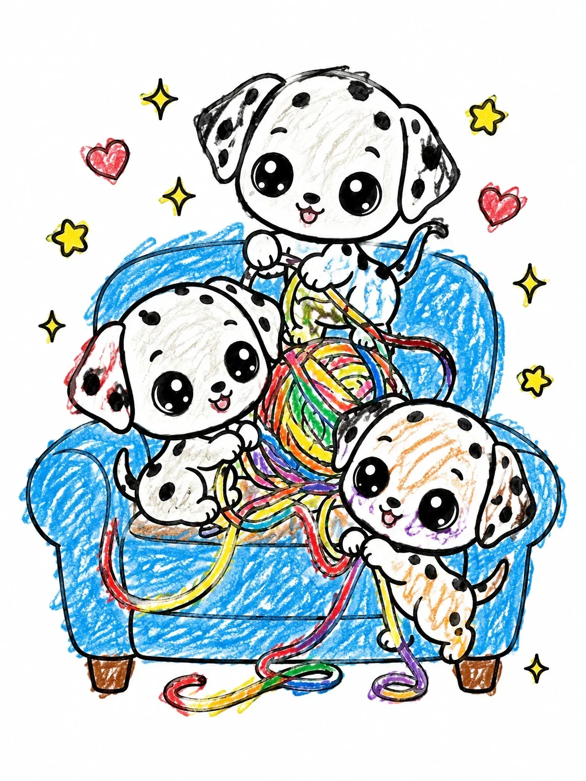Colored example of the Three Dalmatian Puppies With Yarn coloring page