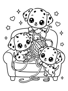A playful dalmatian coloring page featuring three cute puppies tangling a ball of yarn on an armchair.