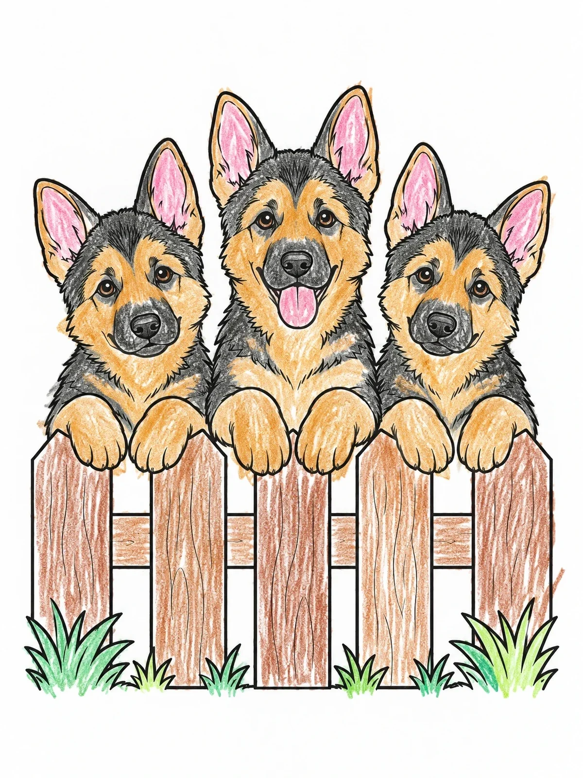Colored example of the Three German Shepherd Puppies Behind Fence coloring page
