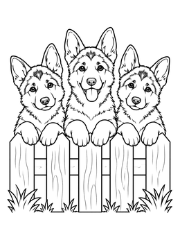 Three cute pups peek over wood pickets in this german shepherd coloring page.