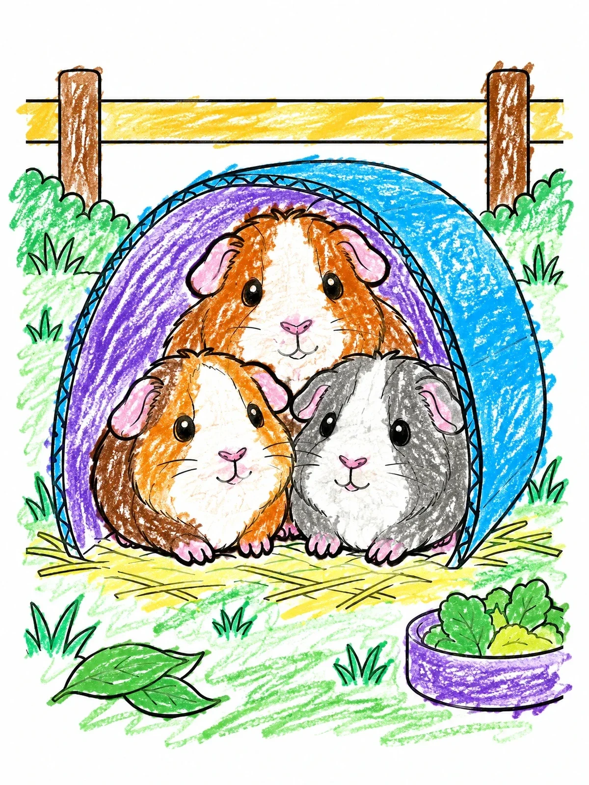 Colored example of the Three Guinea Pigs In Cozy Tunnel coloring page