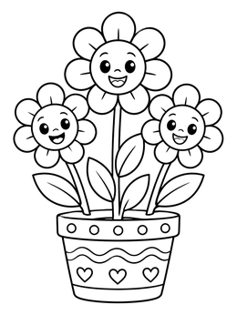 Free printable Three Happy Flowers In A Pot coloring page