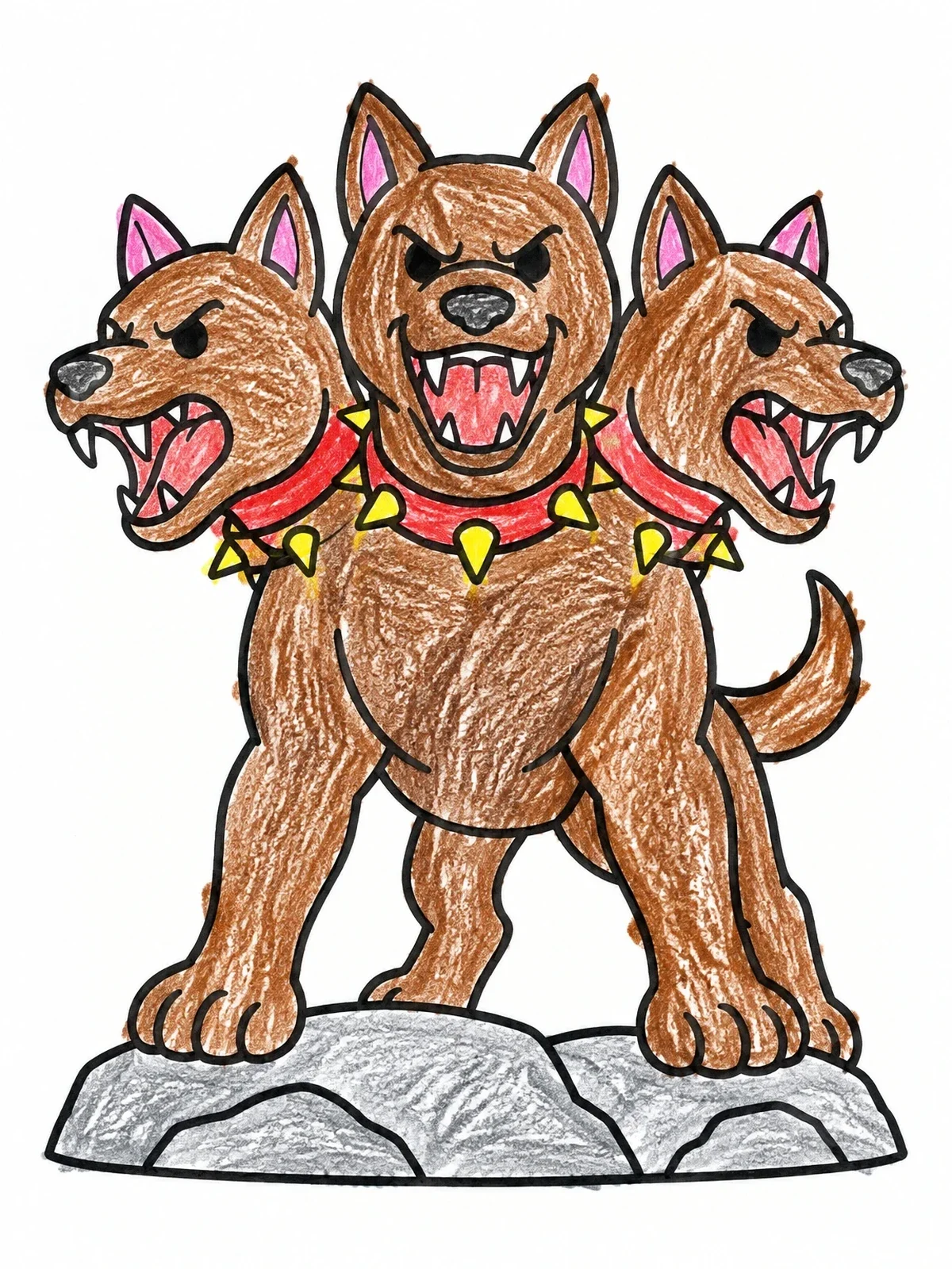 Colored example of the Cartoon Cerberus On Rock coloring page