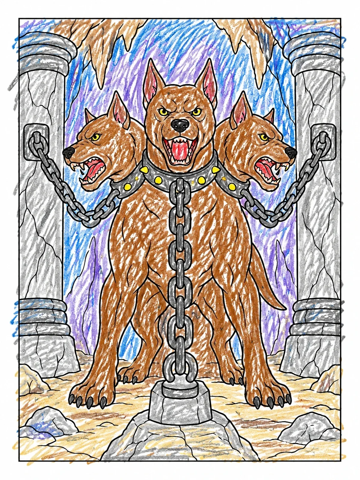 Colored example of the Cerberus Chained In Ancient Cave coloring page