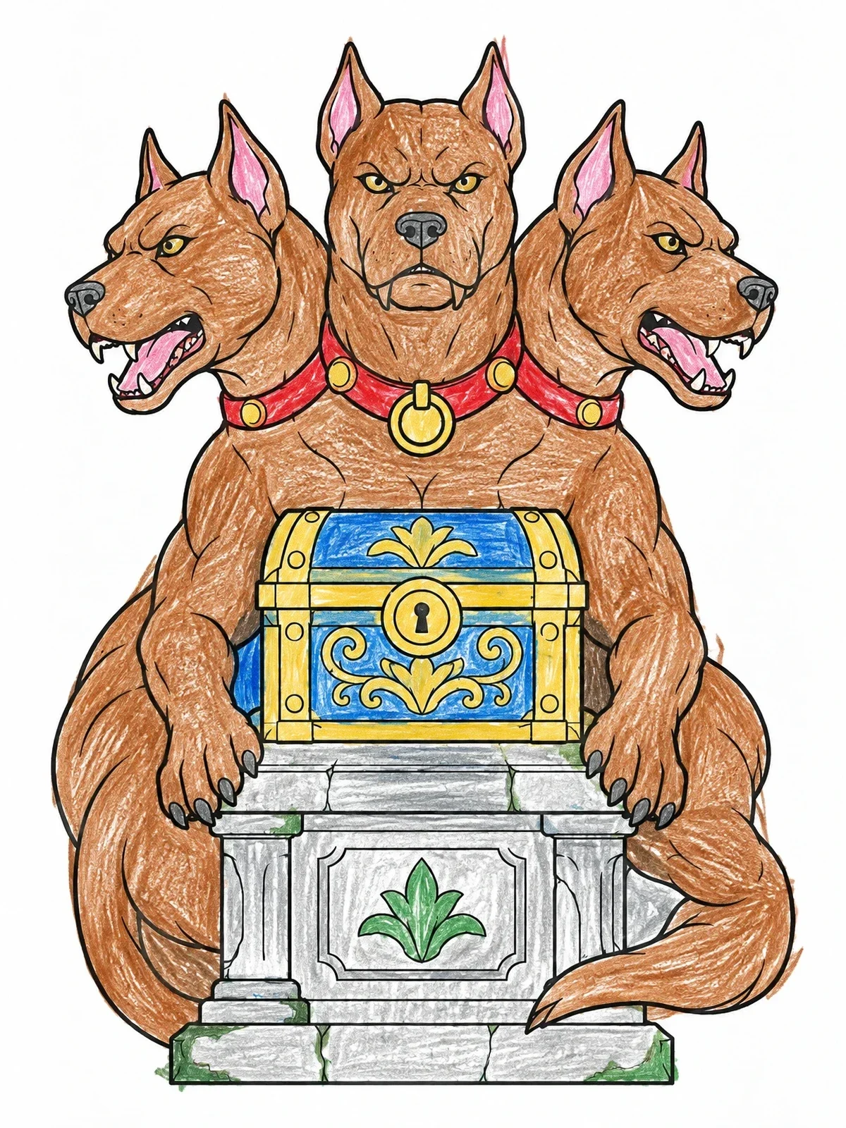 Colored example of the Cerberus Guarding An Ancient Treasure Chest coloring page