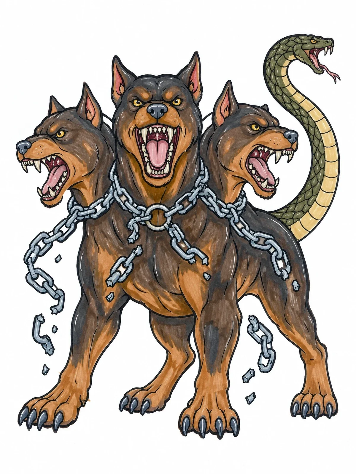 Colored example of the Fierce Cerberus Breaking Chains coloring page