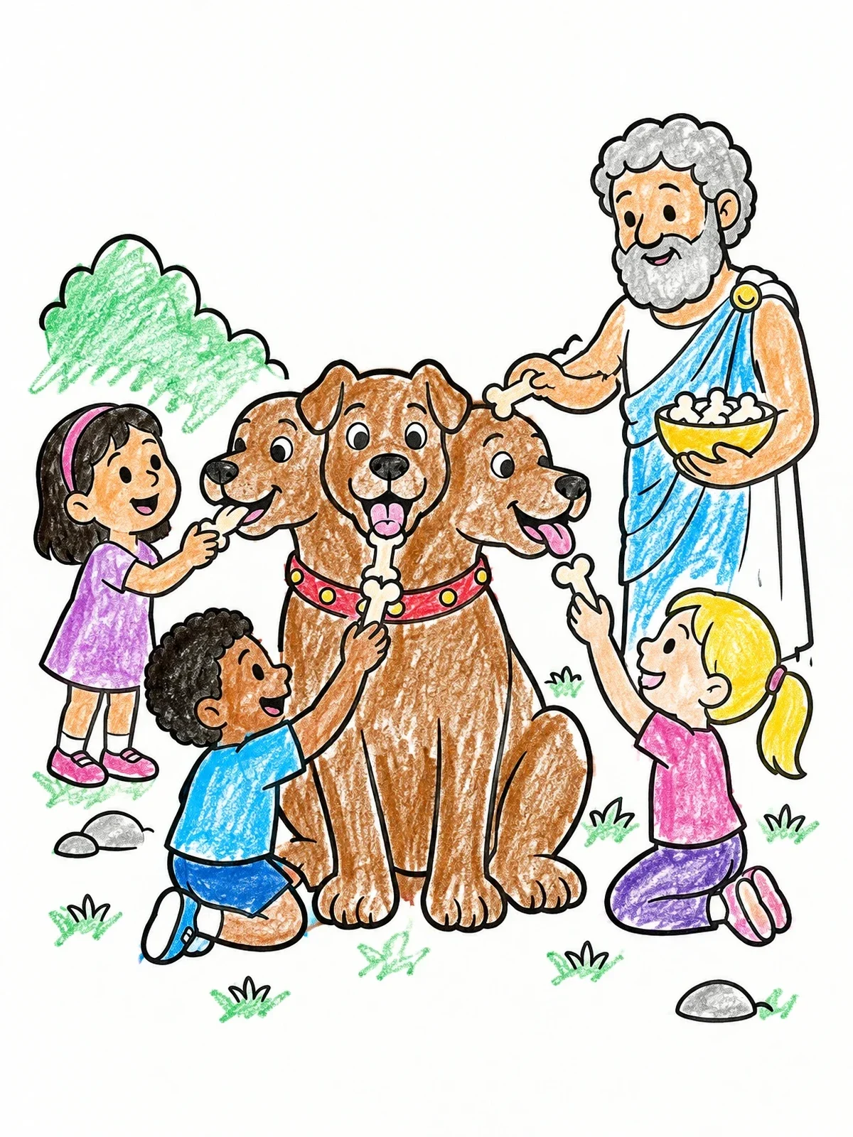 Colored example of the Friendly Cerberus And Children With Treats coloring page