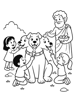 Free printable Friendly Cerberus And Children With Treats coloring page