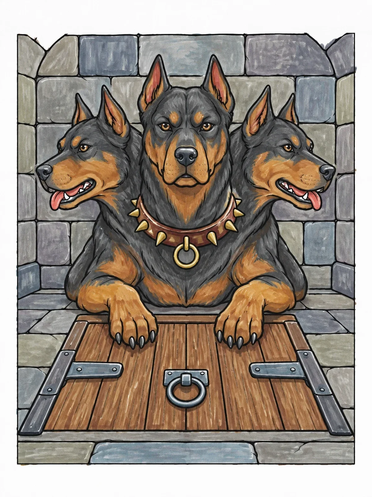 Colored example of the Three Headed Dog Guarding Trapdoor coloring page