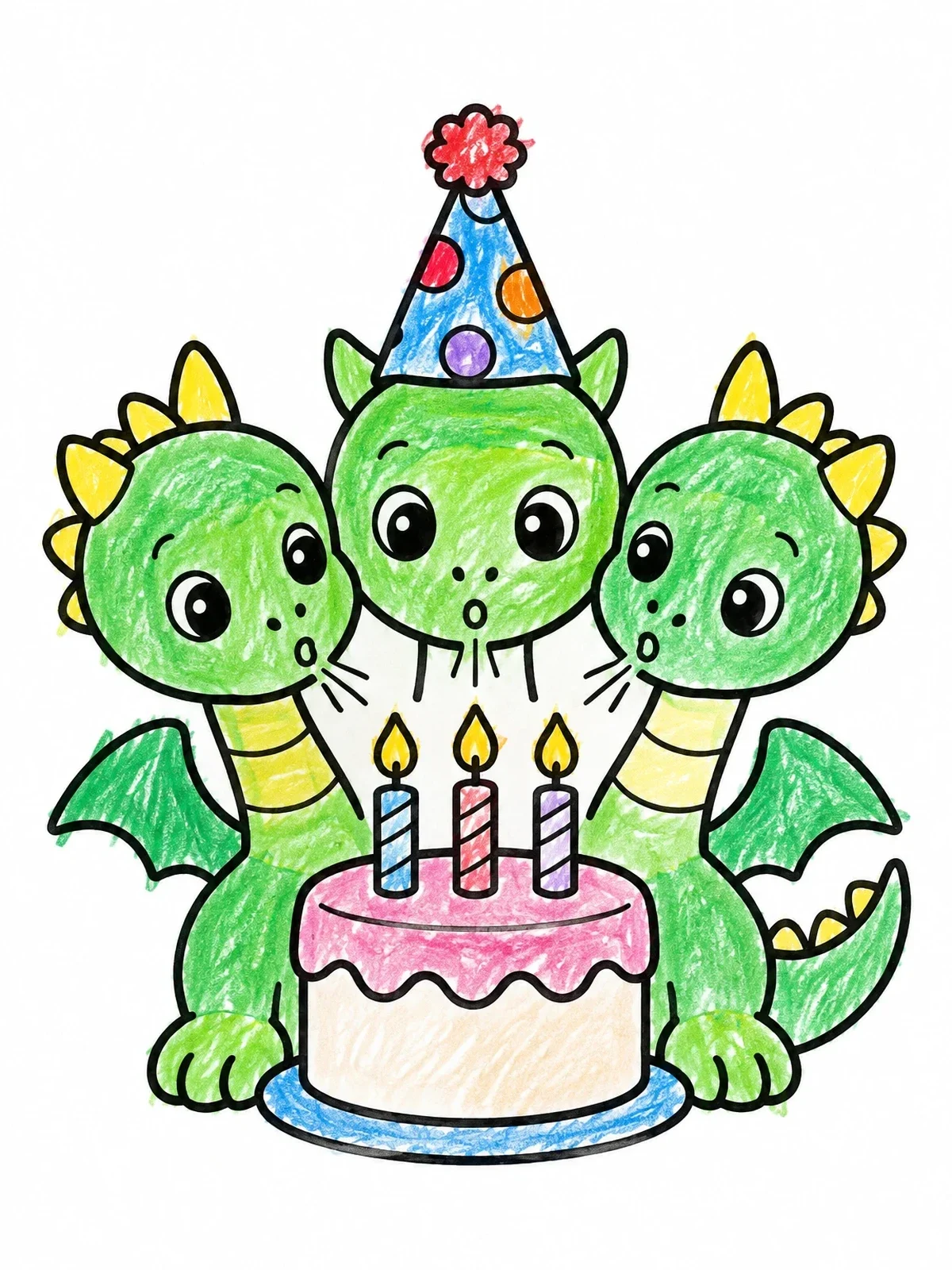 Colored example of the Three Headed Hydra Birthday Celebration coloring page