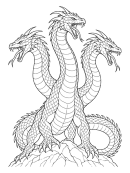 A fierce three-headed hydra coloring page perched on a rocky mound.